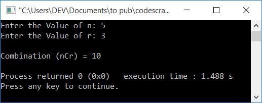 c++ program find ncr combination