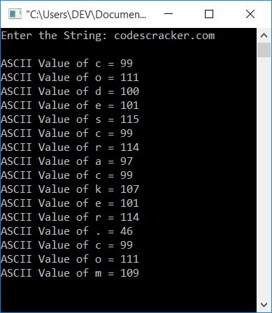 c ascii value of all characters in string