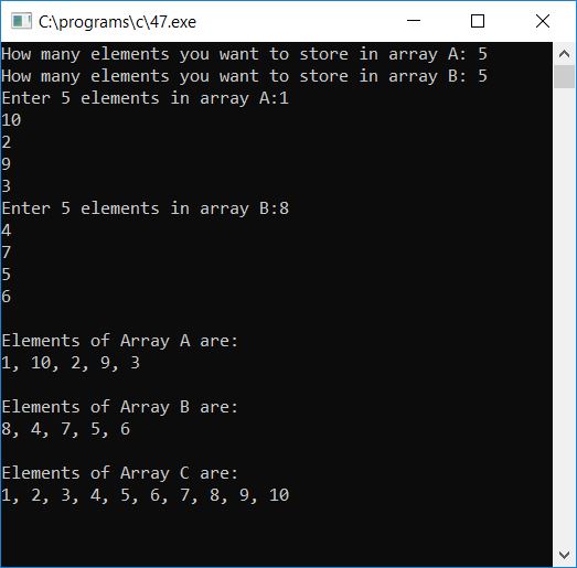 c merge two array in ascending order