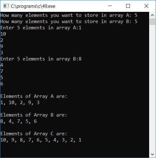 c merge two array in descending order