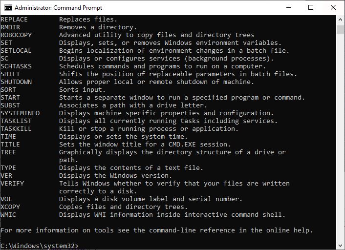 command prompt help command output