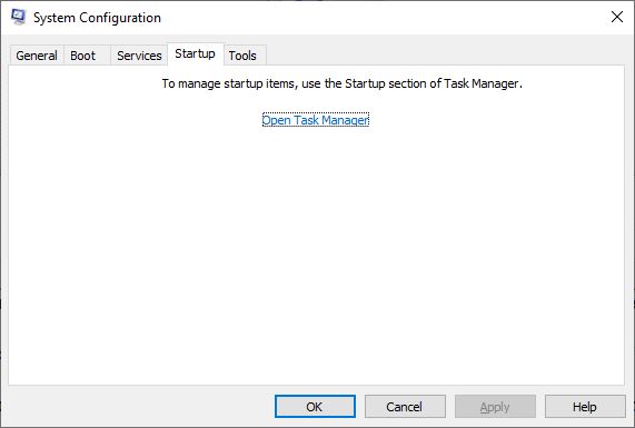 startup section of windows configuration msconfig
