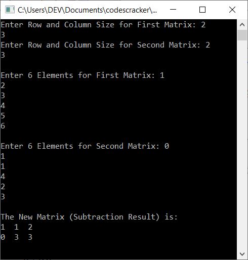 c++ subtract two matrices of given size