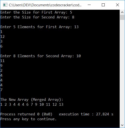 merge two arrays in ascending order c++