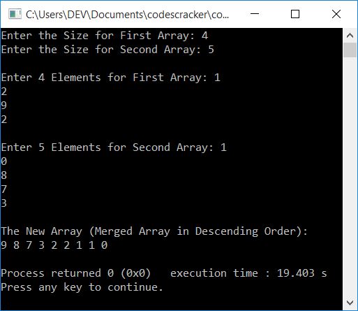merge two arrays in descending order c++