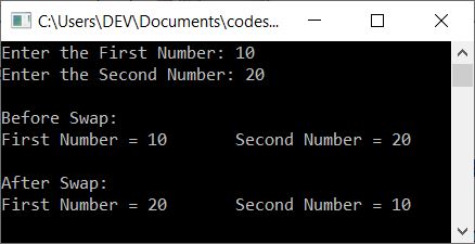 swap two numbers using third variable c++