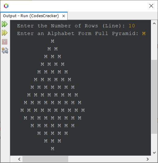 java print full pyramid of alphabets