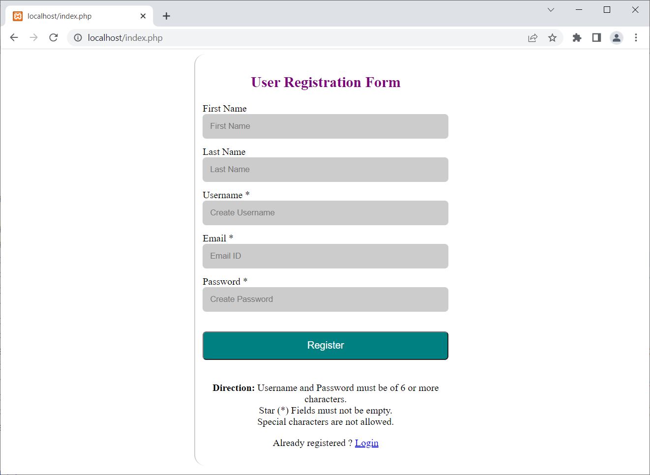 php mysql user registration form