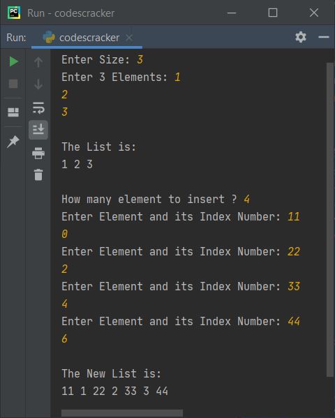 insert multiple elements at any indexes in list python