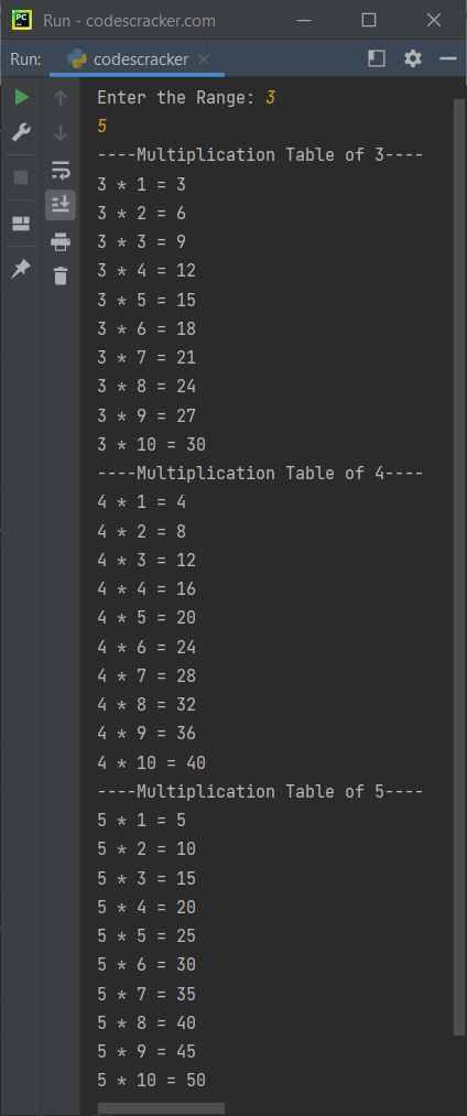 print table in given range python