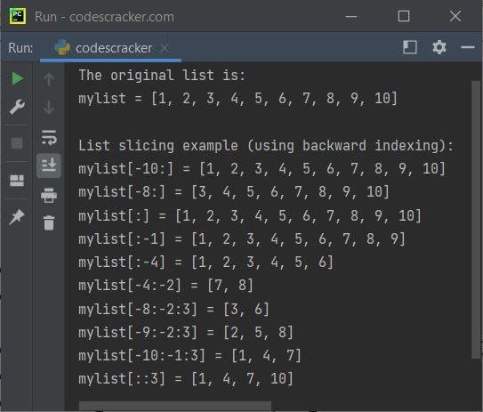 python list slicing backward indexing